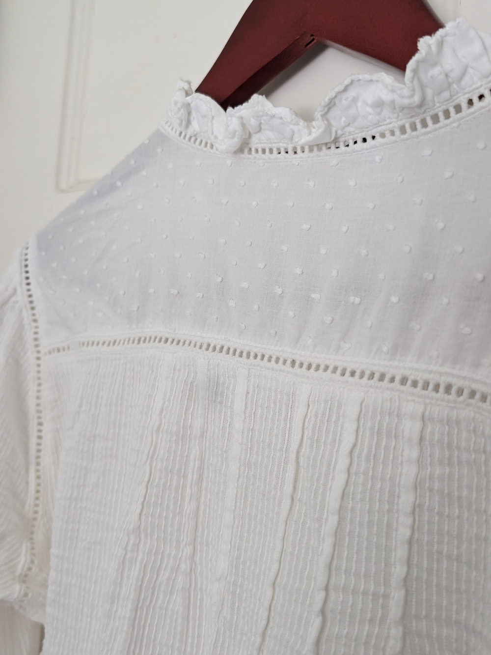 Quince White Dotted Ruffle Neck Blouse - Picture 6 of 6